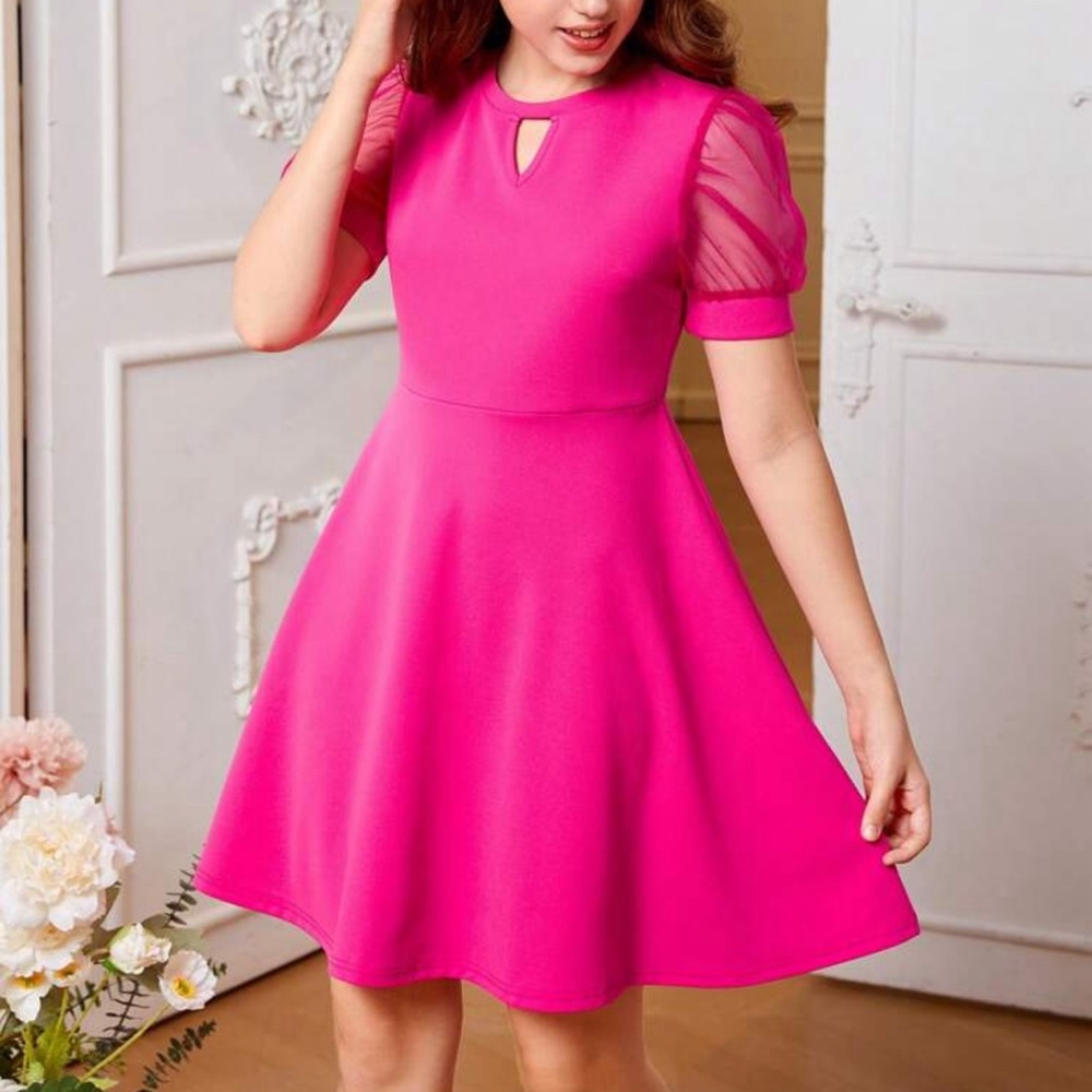 SHEIN Teen Girl Keyhole Neckline Mesh Puff Sleeve Dress